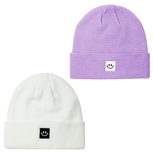 Azonee Smile Face Winter Beanie Hats for Men and Women Stretchy Warm Thick Soft Cap Slouchy Knit Hats (White+Purple) 30