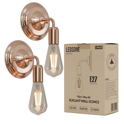 LEDSone 2 Pack Wall Lights Indoor Rose Gold Metal E27 Modern Wall Sconce Lighting Easy to Install Industrial Lamp for Living Room, Bedroom, Kitchen, Hall, Bar, Restaurants, Coffee Shop