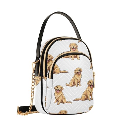 Cute Golden Dogs White Shoulder Handbag Women Cell Phone Wallet Chain Purse Floral Print Designer Satchel Crossbody Bag, 5.9" × 8.3" × 3.1"2