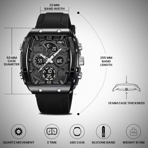 Image of V2A Impact-AXON 3103 Analog-Digital Watch for Men | Unique Tonneau Case & Multi-Layered Dial Design | Bold Fashion Performance Watch with 3 Time Zones, Countdown, 50M Water Resistance & Backlight