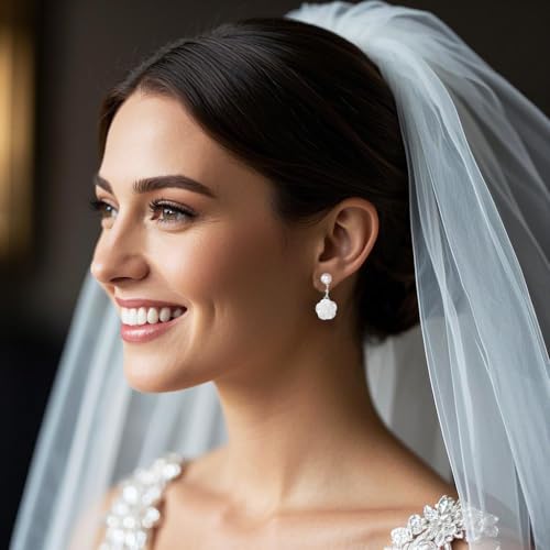 Reffeer Solid 925 Sterling Silver Flower Drop Earrings Dangle for Women Teen Girls Imitation Pearl Drop Earrings Flower for Wedding3