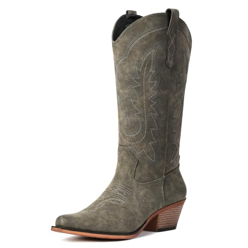 Image of Women's Pointed Toe Mid Calf Cowboy Boots - Cowgirl Boots with Chunky Heel