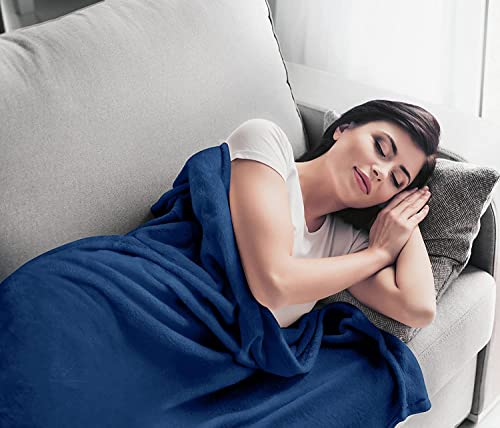 Image of SANMARINO Premium Solid Flannel Blanket for Single Bed | Super Soft Touch Plush Fleece Blanket | All Season Lightweight Yet Cozy Blanket for Bed,Sofa,Couch, Travel & Camping | 152 x228 cm(Dark Blue)