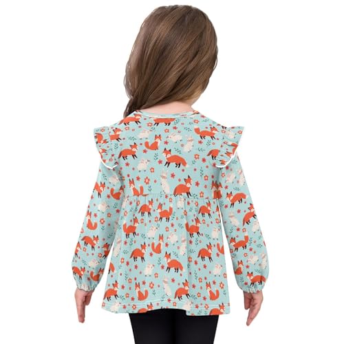 Fox with Rabbit Flowers Girls Shirts Cotton Long Sleeve Ruffle Toddler Tee Tops4