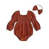 Kavousa Smocked Baby Girl Clothes Newborn Girl Bubble Romper Long Sleeve Jumpsuit And Headband Outfit Cute Infant Clothing (Long Sleeve Brown, 12-18 Months)