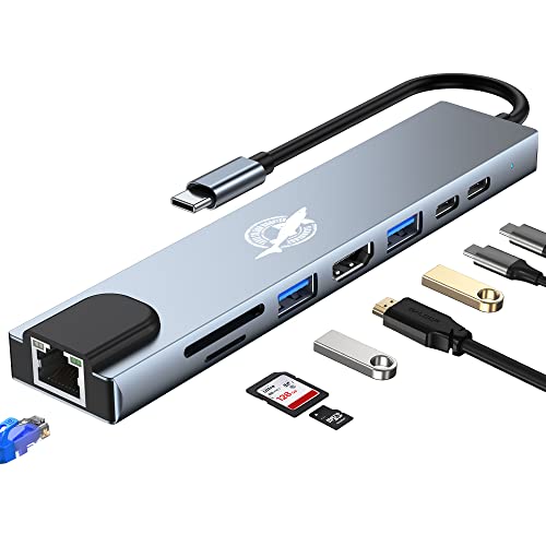 Dogfish USB-C Docking Station Hub USB Type-C vers HDMI 8 en 1 avec Ports HDMI 4K, Ethernet, USB 3.0 et USB 2.0, Lecteur de Cartes SD/TF, Alimentation Compatible avec MacBook Cover
