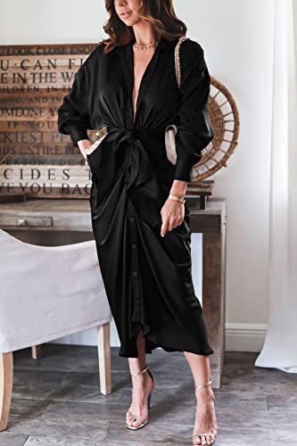 BTFBM Maxi Dresses for Women Fall 2025 Long Sleeve Lapel Neck Button Down Elegant Satin Belted Ruched Summer Shirt Dress3