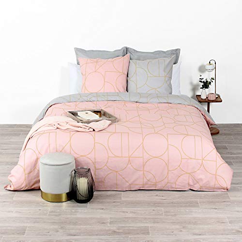 CÔTE DECO Parure de lit avec Housse de Couette 220x240 cm + 2 Taies d'oreiller 63x63cm Parure de lit pour 2 Personnes géométrique Or, Rose et Gris 100% Coton Cover