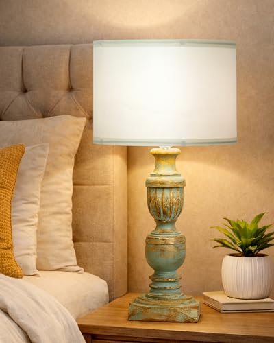 Image of Homesake Rustic Green Wooden Table Lamp for Home Decor | Bedside & Night Lamp for Bedroom, Living Room, Study Table | Vintage Light Lamp, Room Decor Light, KD Off-White Drum