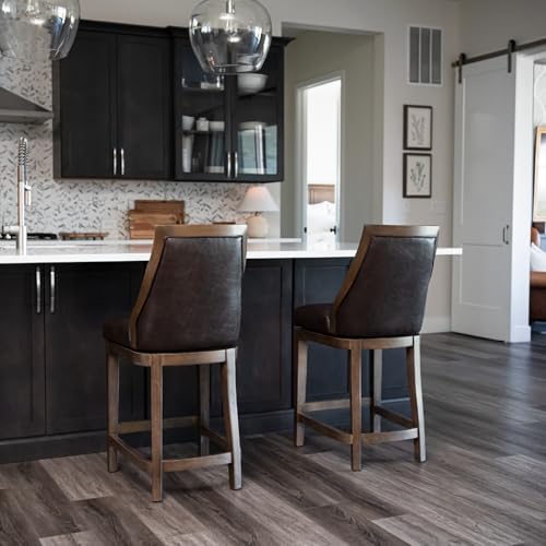 Maven Lane Vienna Counter Stool 26 Inches High – Swivel Stool with Footrest – Brown Solid Wood and Brown Faux Leather Upholstery – Perfect for Kitchen Islands and Counters