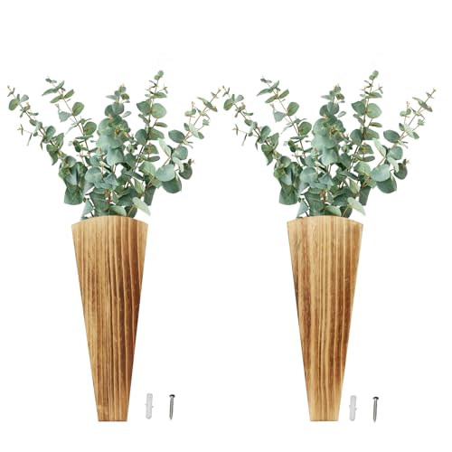 Suerhatcon 2 Pack Wall Wood Vase Hanging Pocket Vases Rustic Decor Vase for Dried Flowers and Faux Plants
