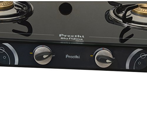 Image of Preethi Blu Flame Gleam Glass Top 2-Burner Manual Gas Stove (Black) (ISI Certified), GTS102