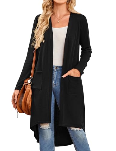 Bluetime Women Open Front Long Cardigan Lightweight Long Sleeve High Low Hem Maxi Duster with Pockets (S-3XL)