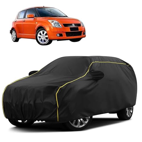 Image of Sulfar 100% Water Resistant Car Body Cover Compatible with Mirror for Maruti Suzuki Old Swift (Triple Stitched, Full Bottom Elastic, Black Taffeta with Yellow Piping)