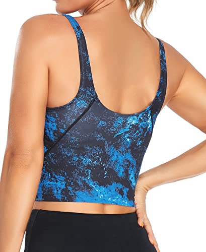 Image of Oalka Sports Bra Womens Longline Padded Crop Yoga Tank Tops | Built in Bras, Workout, Athletic, Fitness, Super Soft, Comfort, Cropped Top, Removable Pads, Heart Neckline For Women