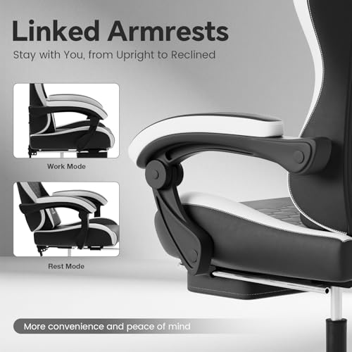 Image of Gaming Chair, Computer Office Chair with Footrest, Adjustable Height & Backrest Gaming Chairs with Swivel for Adults, High Back PU Leather Ergonomic Chair with Lumbar Support, Blackwhite