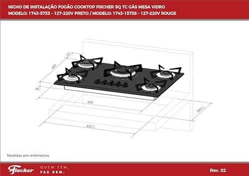 FISCHER COOKTOP À GÁS 5 BOCAS TRIPLA CHAMA MESA VIDRO PRETA BIVOLT 1743-5733