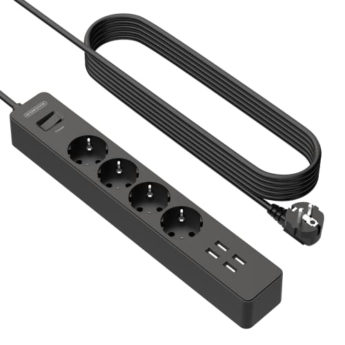 USB Steckdosenleiste 3m, NTONPOWER Mehrfachsteckdose mit ÜBerspannungsschutz 4-Fach 4 USB-Anschlüssen- (Langes Verlängerungskabel, Schwarz) Cover