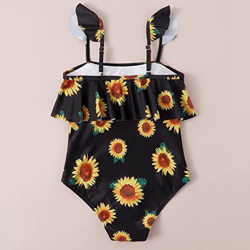 Kids Girls One Piece Sunflower Swimsuit Spaghetti Strap Ruffles Swimwear 7 to 14 Years Teens Preppy Girls Swim4