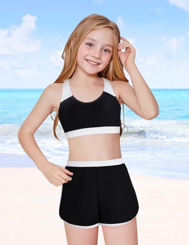 Girls Bikini 3PCS Swim Sets Color Block Crop Top Briefs with Shorts for 7-16 Years3