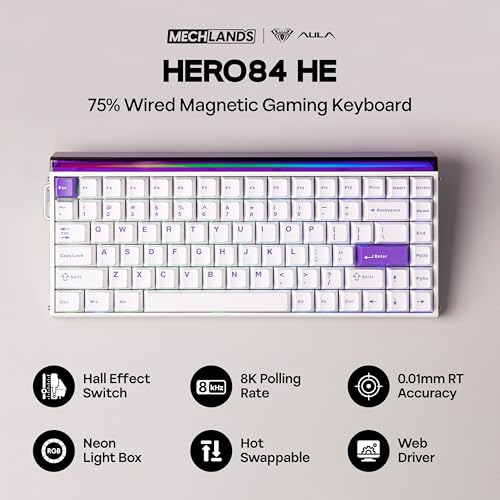 Image of MechLands Aula Hero84 HE Wired Magnetic Gaming Keyboard, Rapid Hall Effect Keyboard with 0.01mm Adjustable Actuation, 8kHz Polling, 5-Layer Sound Dampening, RGB Lightbox & Backlit (White Purple)