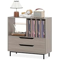 COSTWAY Record Player Stand, Wooden Turntable Stand End Sofa Side Table with 5 Open Display Shelves and 2 Drawers, Metal Legs Vinyl Record Storage Cabinet Holder for Living Room Bedroom (Grey)