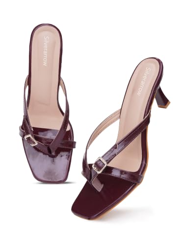 Image of SilverArrow womens Velcor Patent Leather Kitten Heels for Women & Girls | Square Open Toe Cushioned Slip-On Dress Sandals for Office, Wedding & Casual Wear