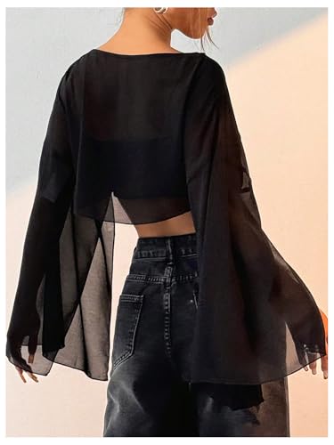 Women's Y2K Blouse Sheer Flowy Tops Crop Blouses Dressy Poncho Tops Boat Neck Long Sleeve Loose Chiffon Shirts2