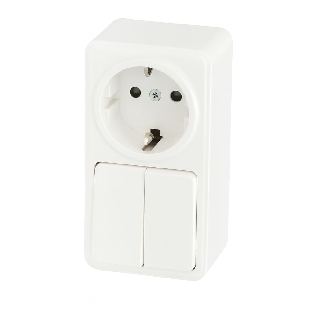 Jandei - Mecanismo Superficie Policarbonato Blanco, 250V (Doble Interruptor 2 circuitos + Enchufe Schuko)