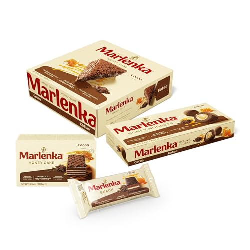 MARLENKA® Gran Mix de Cacao – Tarta de Miel con Cacao (800 g), 2 x Bolitas de Miel con Cacao (2 x 235 g), Rollo de Miel con Cacao y Frambuesa (300 g) y Pastelito de Miel con Cacao (100 g)