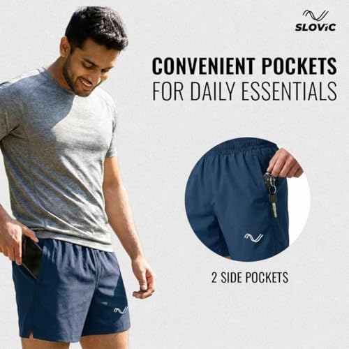Image of SLOVIC Running Shorts for Men | Durable Gym Shorts for Men Workout | Breathable Mens Running Shorts with Phone Pocket | Ideal for Sports, Gym, Home Comfort | Black
