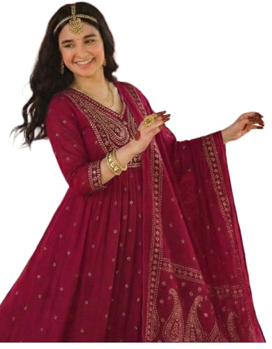 Image of GoSriKi Rust Anarkali Kurta Set for Women with Dupatta | Cotton Kurti Set for Woman | Embroidered Anarkali Suit for Women Kurti Pant Set with Dupatta | Suit Set for Women Latest