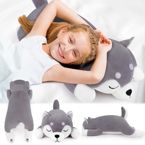 Image of Auspicious beginning 30'' Husky Stuffed Animal Plush Pillow, Huskies Anime Body Pillow, Kawaii Stuff Animal Plush Toy, Big Plushie Stuffed Dog Giant Plush Throw Pillow Gifts for Boys Girls