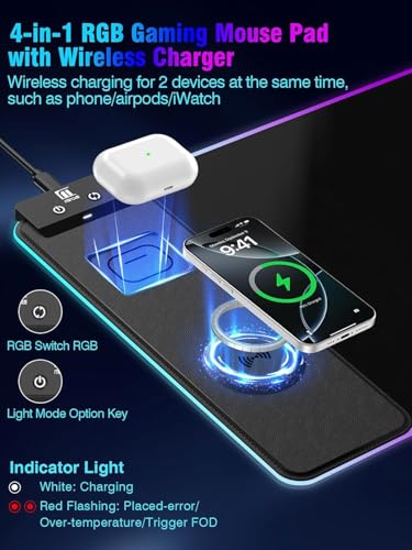 Image of Mouse Pad with Magnetic Wireless Charging, Large Desk Pad Protector, RGB Black Desk Mat with 15W Fast Charger, Non-Slip Waterproof Mousepad for Office Home Gaming