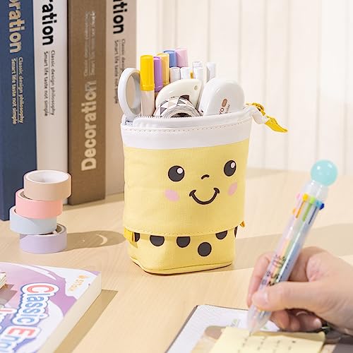 Image of ANGOOBABY Cute Pencil Case Standing Pen Holder Telescopic Makeup Pouch Pop Up Cosmetics Bag with Kawaii Smile Face Stationery case Office Organizer Box for Girls Students Women Adult (Yellow)