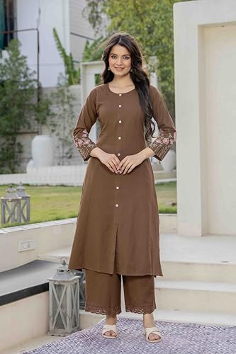 Image of Pistaa's Women Cotton Elegant Off-White Floral Embroidered Sleeves Kurta Palazzo Set