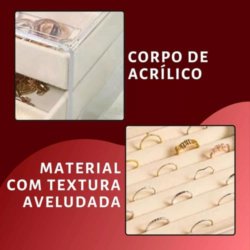 Porta Joias Caixa Organizadora Luxo para Jóias de Acrílico com 3 Gavetas, Organizer suas Bijuterias,