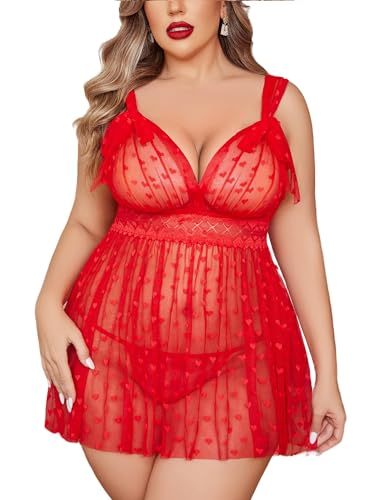 Avidlove Lingerie for Women Plus Size Babydoll Lace Chemise V-neck Nightwear Mesh Nightgown Sexy Nightie Boudoir Outfits Red 4XL