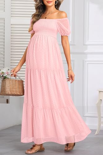 Image of Off The Shoulder Maternity Dress for Baby Shower - Women's Boho Swiss Dot Smocked Puff Sleeve Maxi Dress