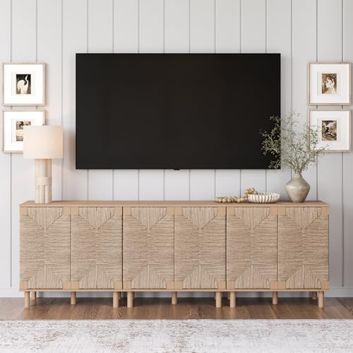 Image of Nathan James Beacon Boho TV Stand, Free Standing Kitchen Cabinet Storage with Adjustable Interior Shelf and Seagrass Accent, Seagrass /Raw Oak, Set of 3