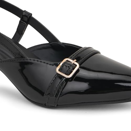 Image of Women's Pointed Toe Kitten Heels, Elegant Glossy Patent Leather Slingback Pumps with Adjustable Buckle Strap, 2-Inch Pencil Heel Sandals