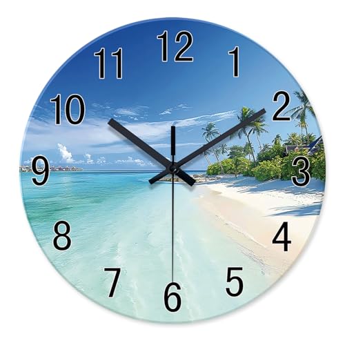 Image of XFM Beach Coastal Wall Clock 16 Inch Blue Seascape | Battery Operated Tropical Modern Glass Decorative for Living Room Bedroom Kitchen Office Silent Non Ticking