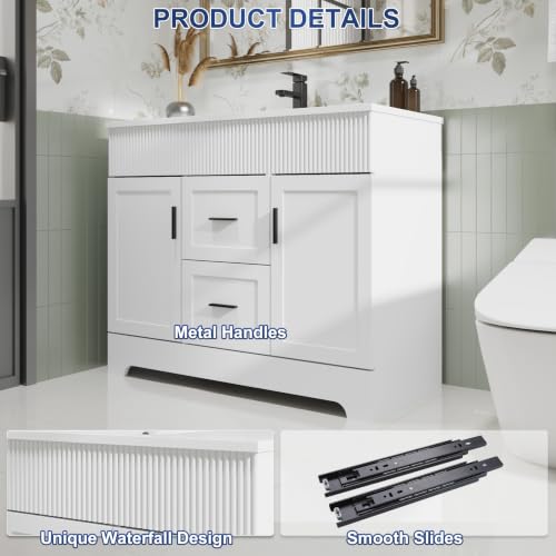 Image of eclife 42 inch Bathroom Vanities Sink Combo with Painted Surface, Modern Drawered Cabinet W /Decorative Wave Lines, Undermount Single White Sink, Matte Black Faucet Drain, White
