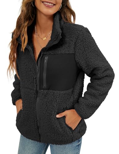 VVK Women's Fashion Faux Shearling Shaggy Full Zip Coats Warm Winter Patchwork Jackets with Pocket (Black, M)
