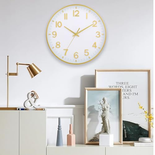 Image of HZDHCLH White and Gold Wall Clocks Battery Operated 12 inch Silent Non Ticking Modern Wall Clock for Living Room Bedroom Kitchen Office Decor