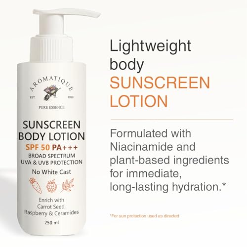 Image of Aromatique Sunscreen Body Lotion SPF 50 PA+++ | Broad Spectrum UVA & UVB Protection | No White Cast | With Carrot Seed, Raspberry & Ceramides | 250ml Body Sun Lotion