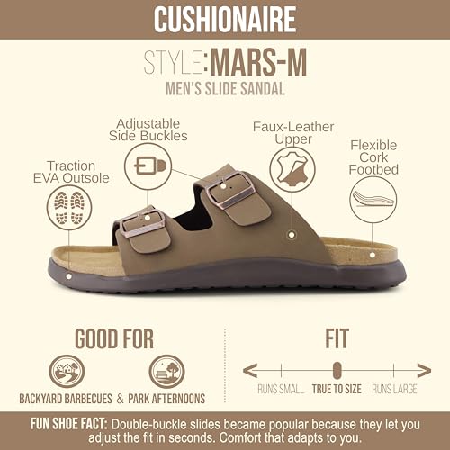 Image of CUSHIONAIRE Mars Double Buckle Slide Sandals for Men with Arch Support, Cork Footbed and EVA Outsole