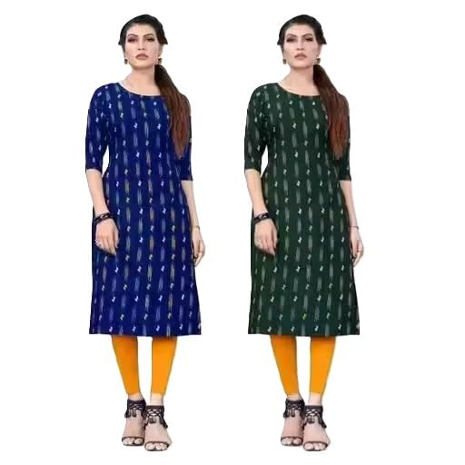 Image of Women's Printed Crepe Straight Kurta, Traditional Indian Style, 3 /4 Sleeve,with Ethnic Motifs, Pack of 2