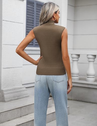 Image of Zeagoo Women's 2024 Mock Turtle Neck Sweater Vest Sleeveless Knit Pullover Tank Tops Casual Trendy Slim Fitted Shirts Brown, Large