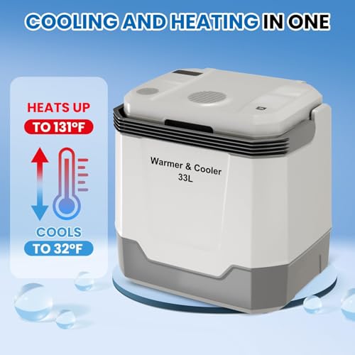 Image of 35QT Electric Cooler, Portable Car Refrigerator & Plug-In Cooler with 12V DC & AC Power, Travel Cooler for Camping, Road Trips, Truck Travel & Home Use, car fridge with Locking Handle